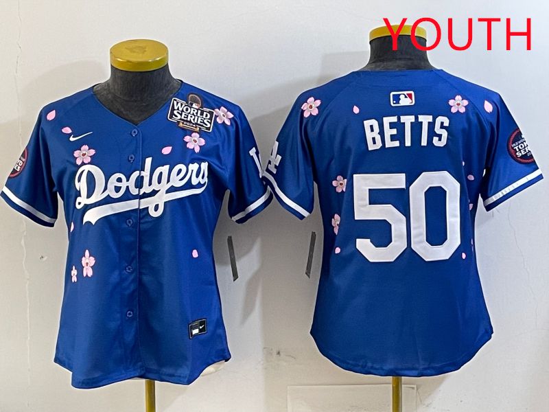 Youth Los Angeles Dodgers #50 Betts Blue Sakura Edition 2025 Nike MLB Jersey style 2